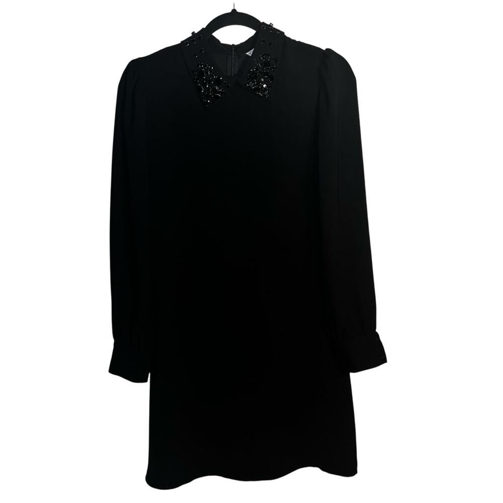 Trina Turk Black Jeweled Beaded-Collar Shift Dress Size 4 Long Sleeve